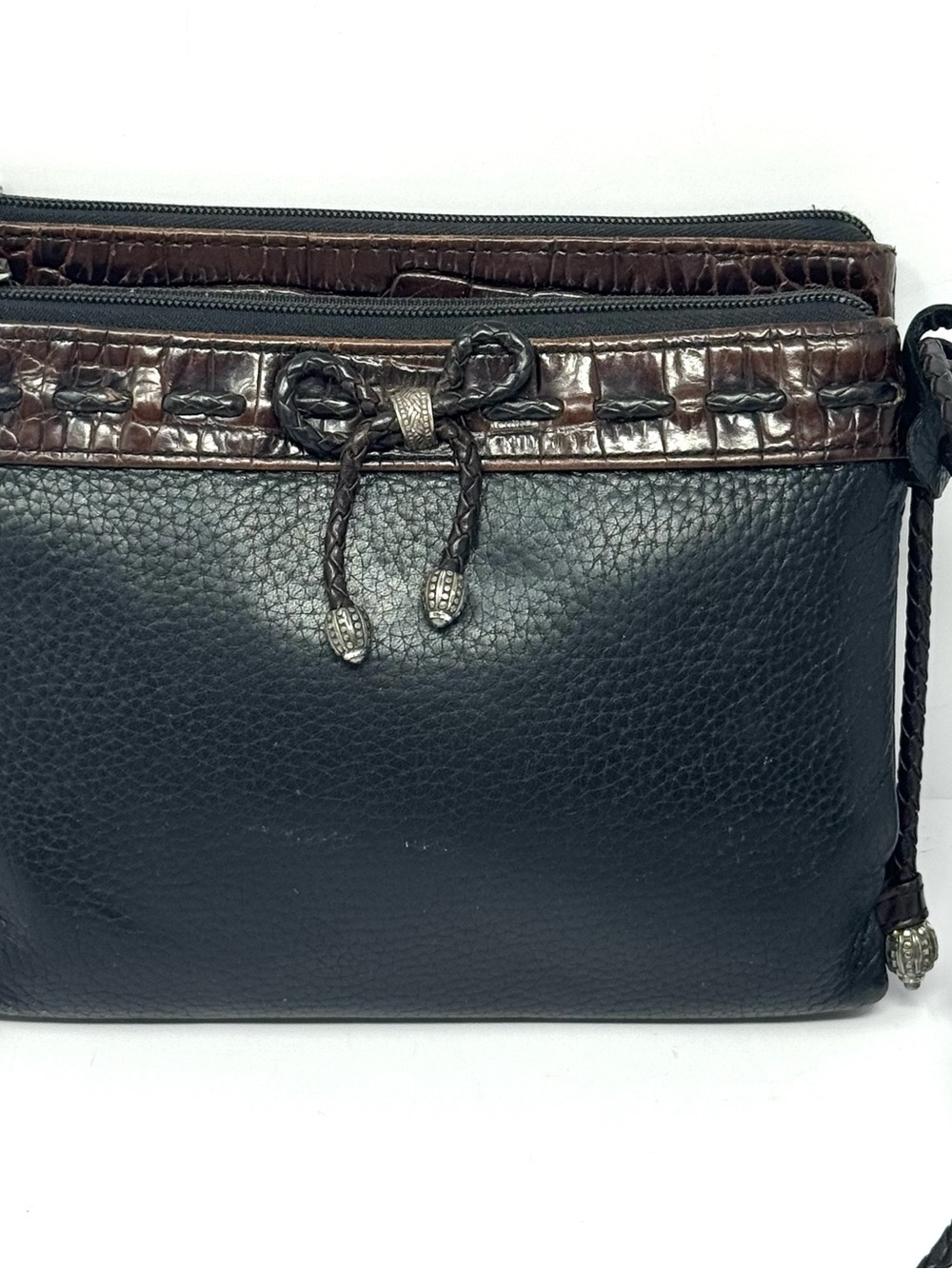 Vintage Brighton Black Brown Leather Crossbody Purse Silver Heart Charm - Picture 2 of 14
